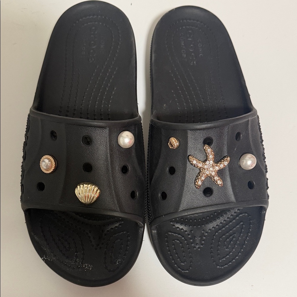 CROCS Black Sandals with Gold Accents